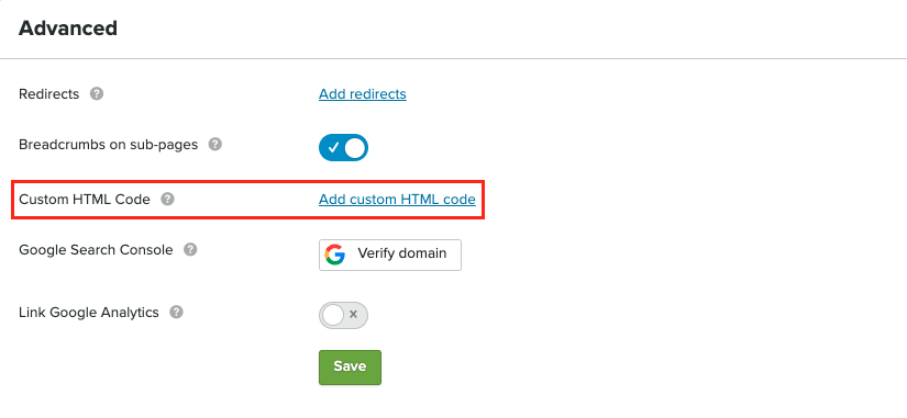 Add custom HTML code in Advanced settings